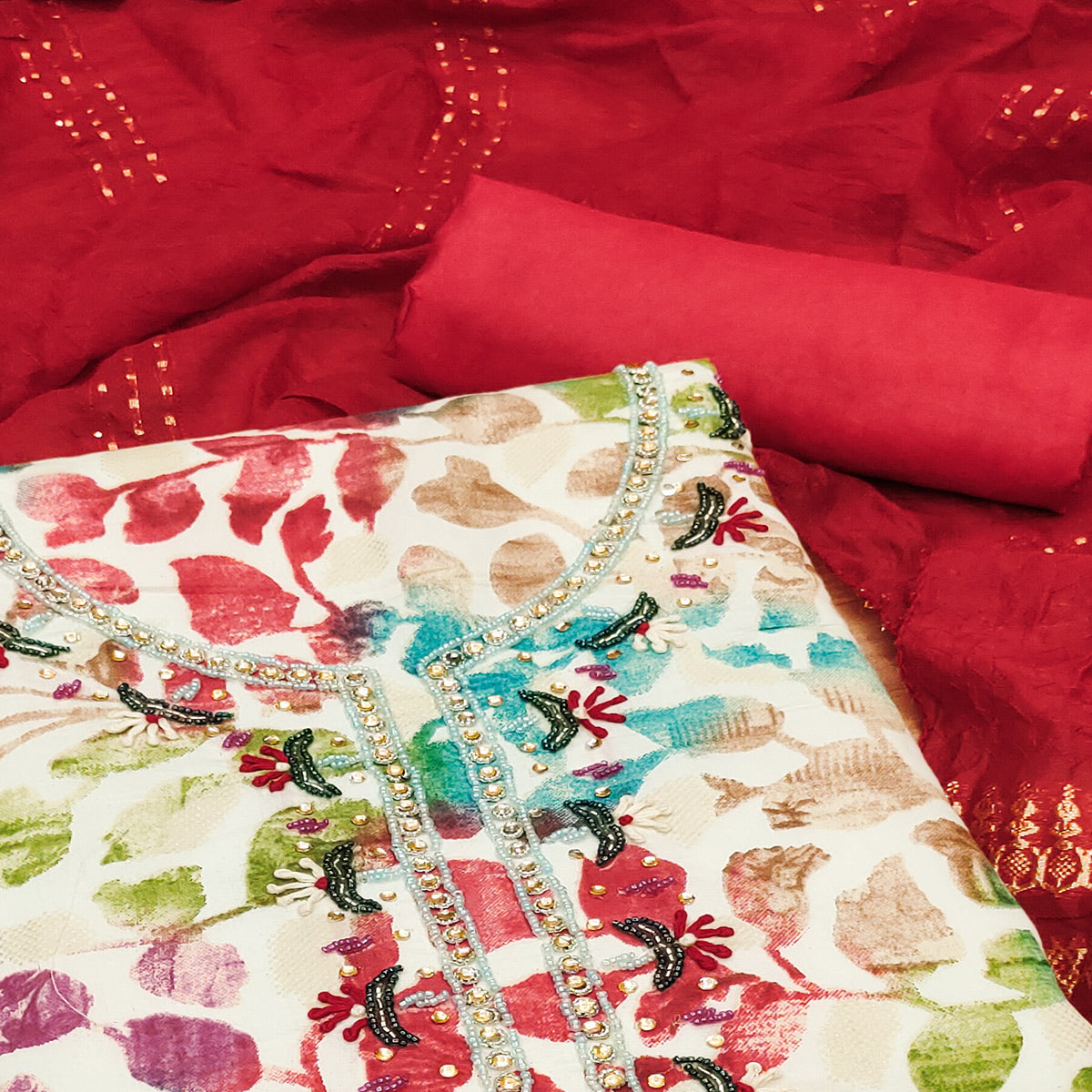 Maroon Floral Foil Printed With Handwork Modal Cotton Silk Dress Material