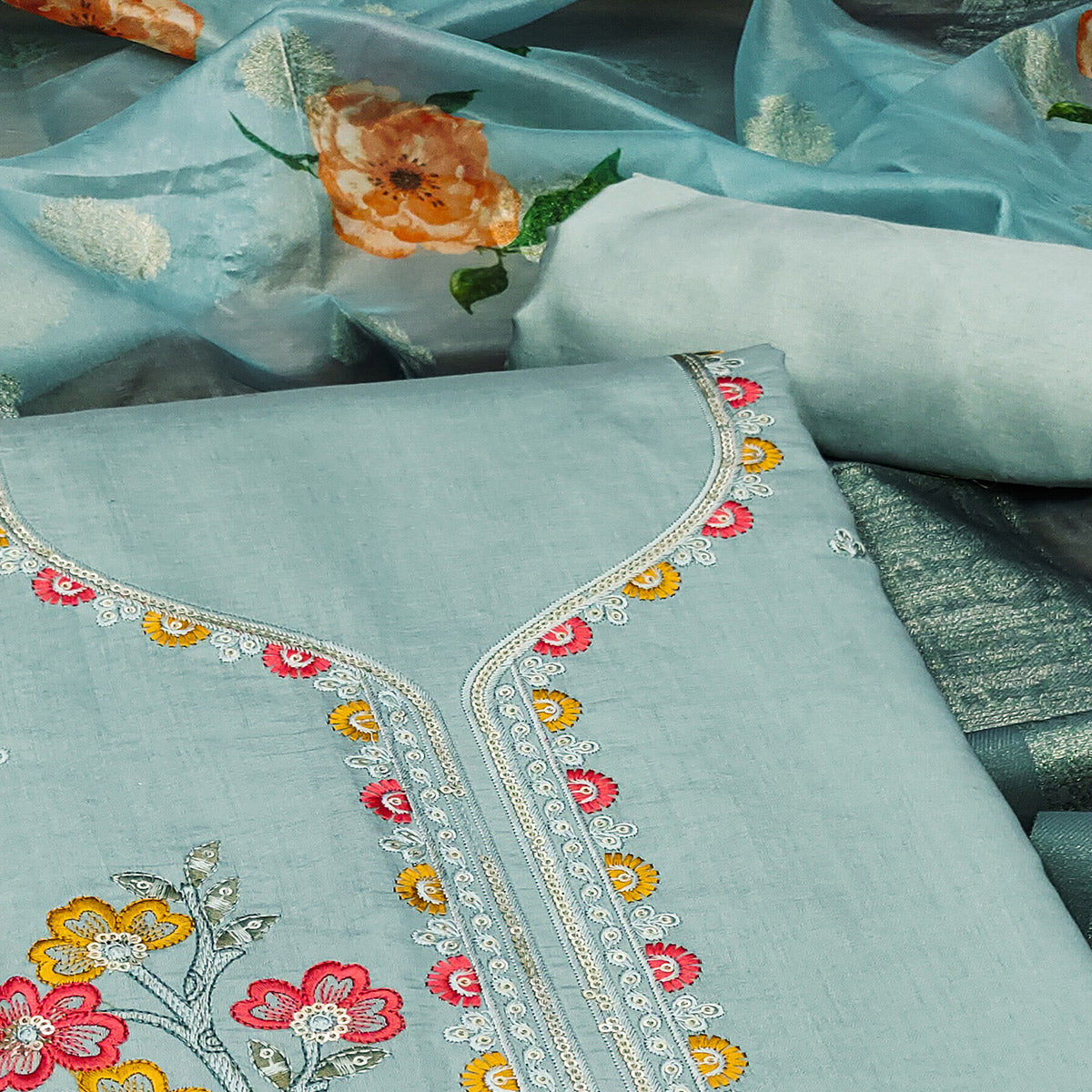 Blue Floral Sequins Embroidered Cotton Roman Silk Dress Material