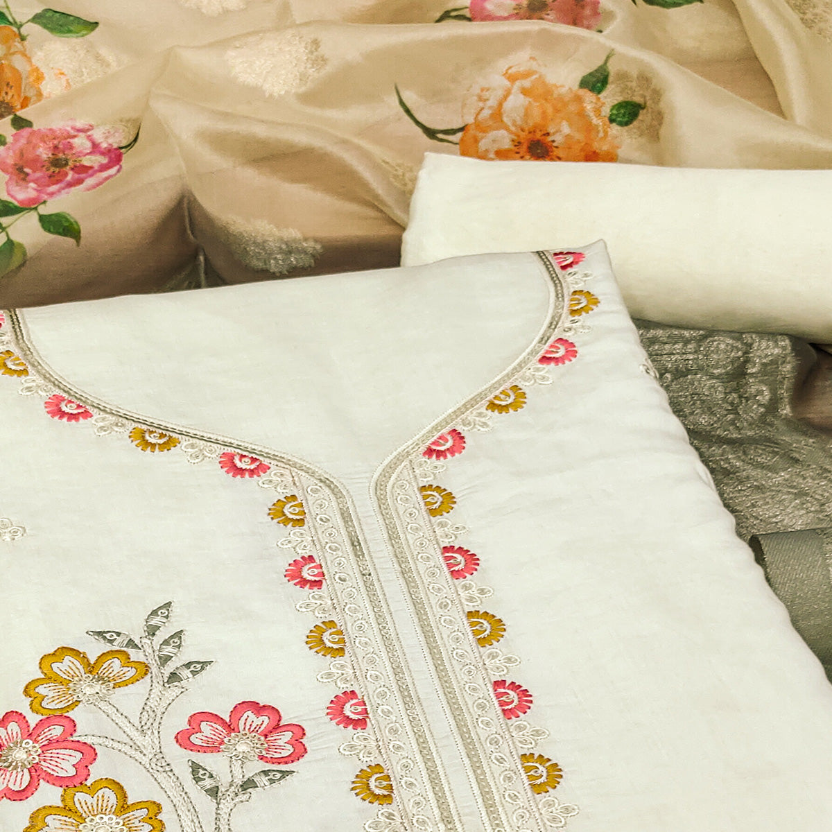 Cream Floral Sequins Embroidered Cotton Roman Silk Dress Material