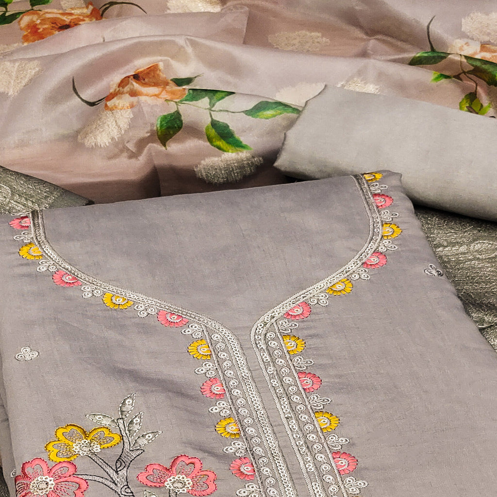 Grey Floral Sequins Embroidered Cotton Roman Silk Dress Material