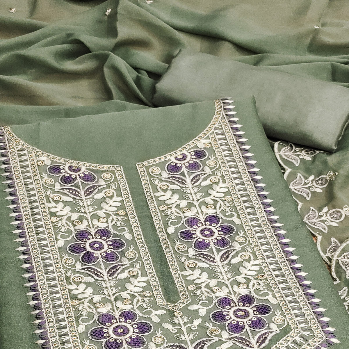 Green Floral Sequins Embroidered Georgette Dress Material