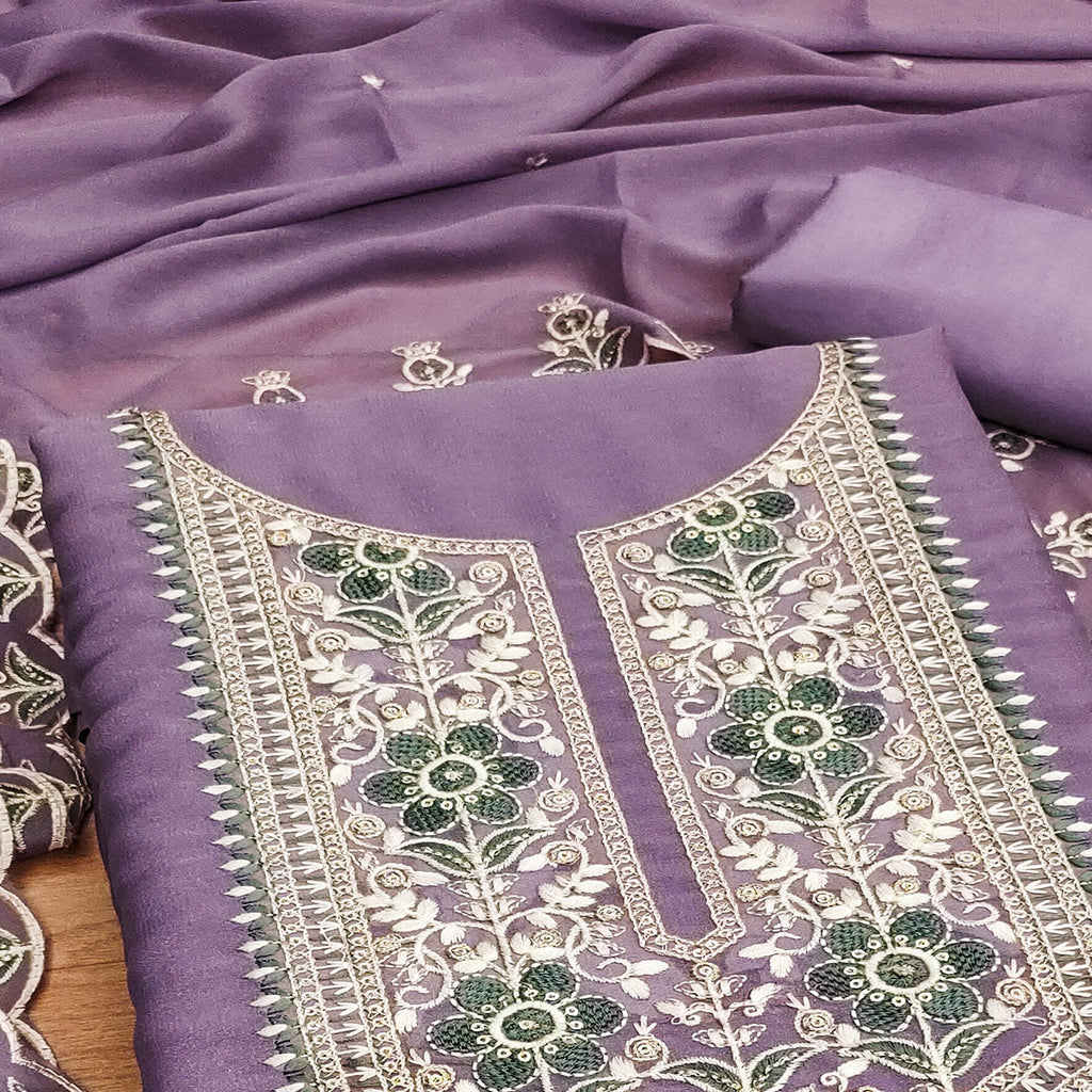Lavender Floral Sequins Embroidered Georgette Dress Material