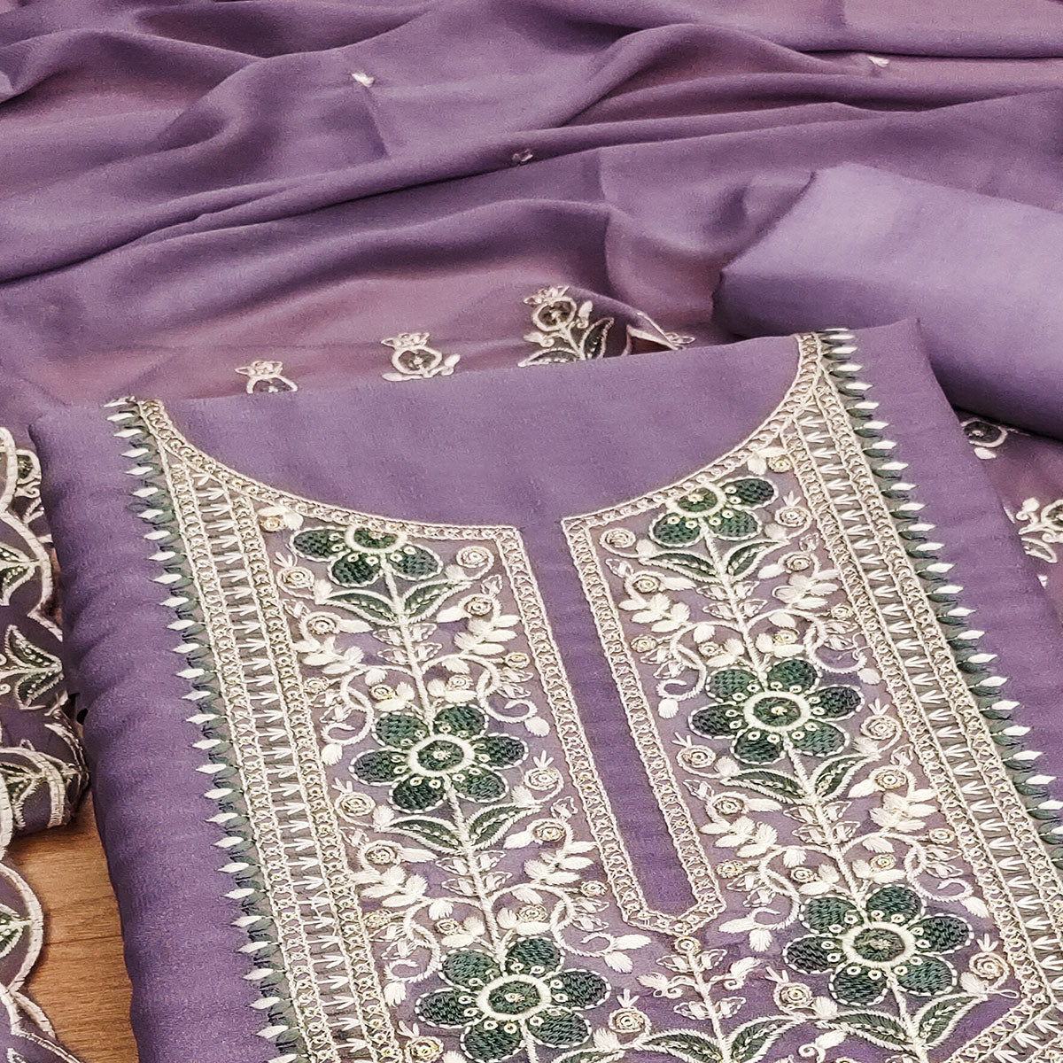 Lavender Floral Sequins Embroidered Georgette Dress Material
