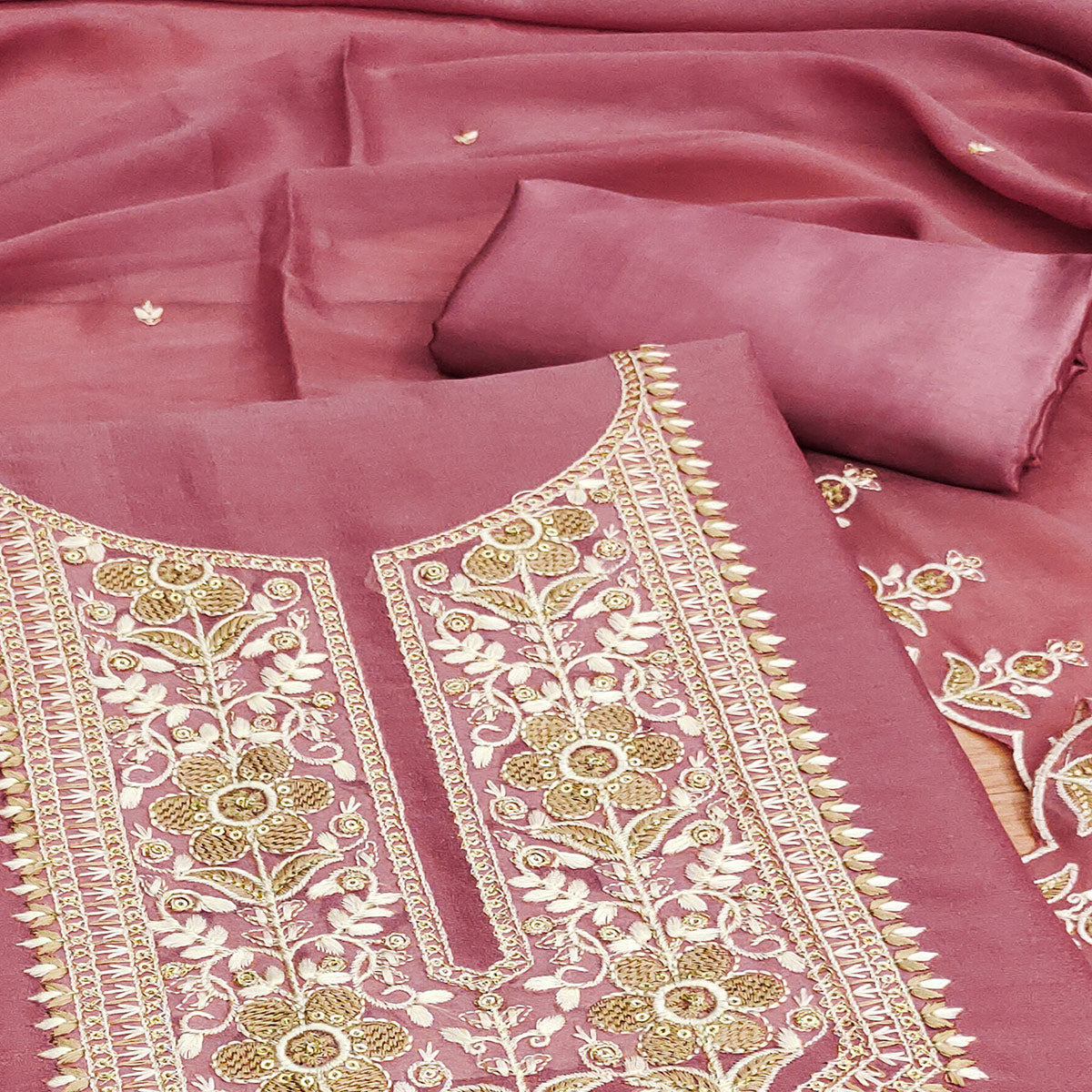 Pink Floral Sequins Embroidered Georgette Dress Material