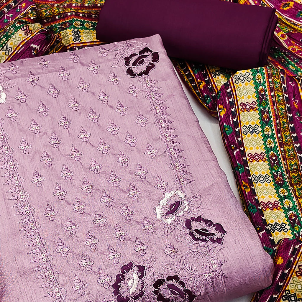 Mauve Floral Embroidered Art Silk Dress Material