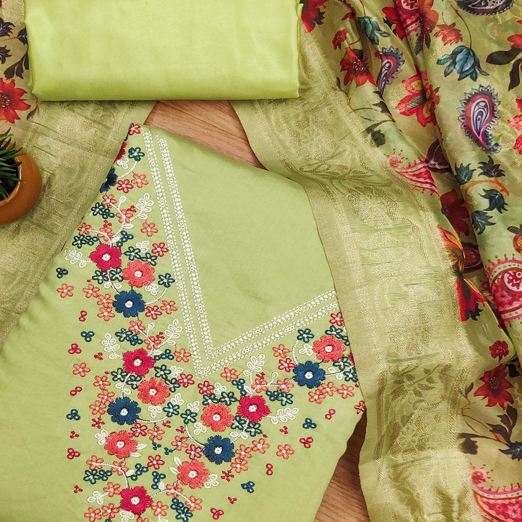 Green Floral Embroidered Roman Cottom Silk Dress Material