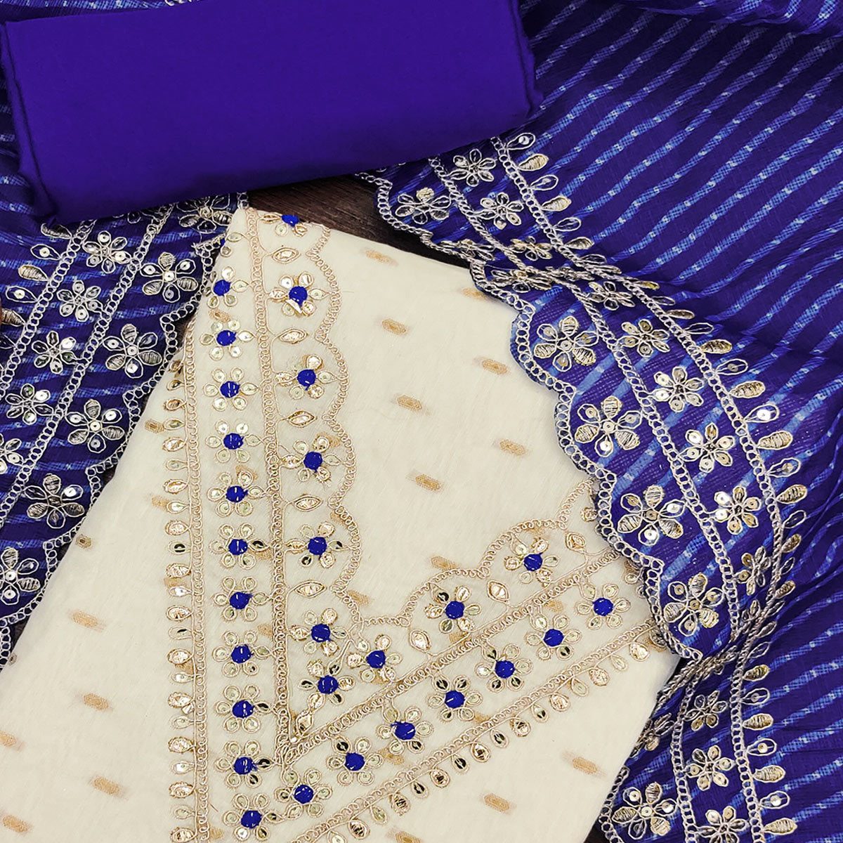 Off White & Blue Embroidered Chanderi Dress Material