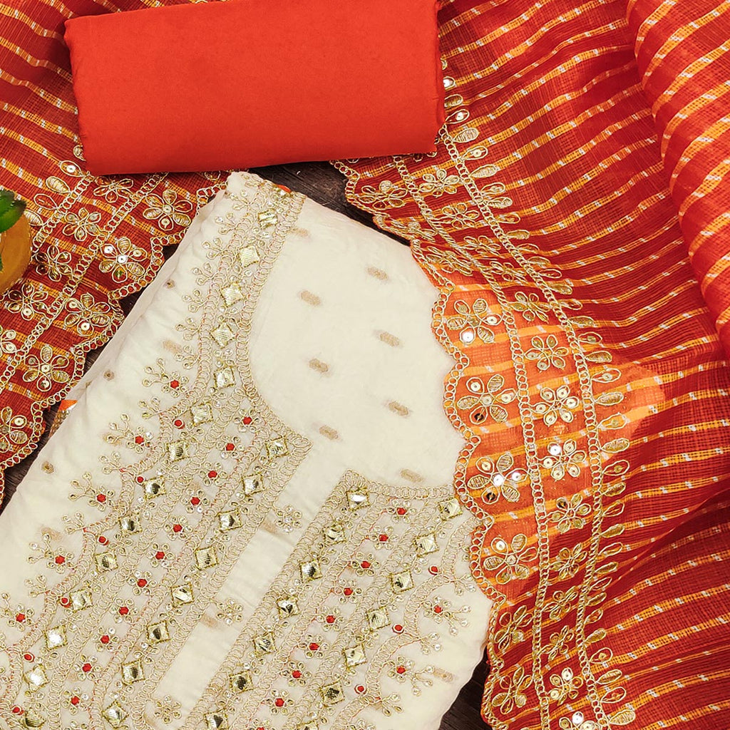 Off White & Orange Embroidered Chanderi Dress Material