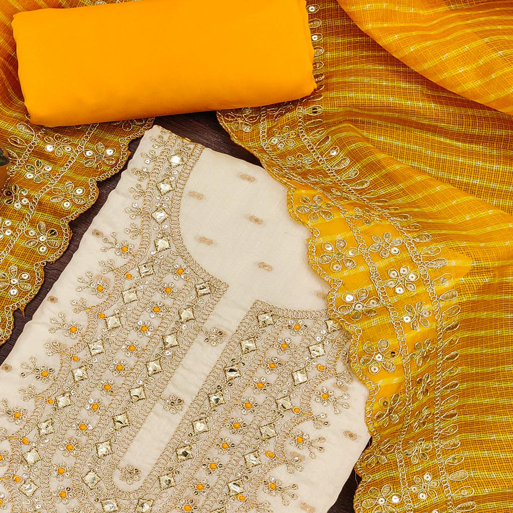 Off White & Yellow Embroidered Chanderi Dress Material