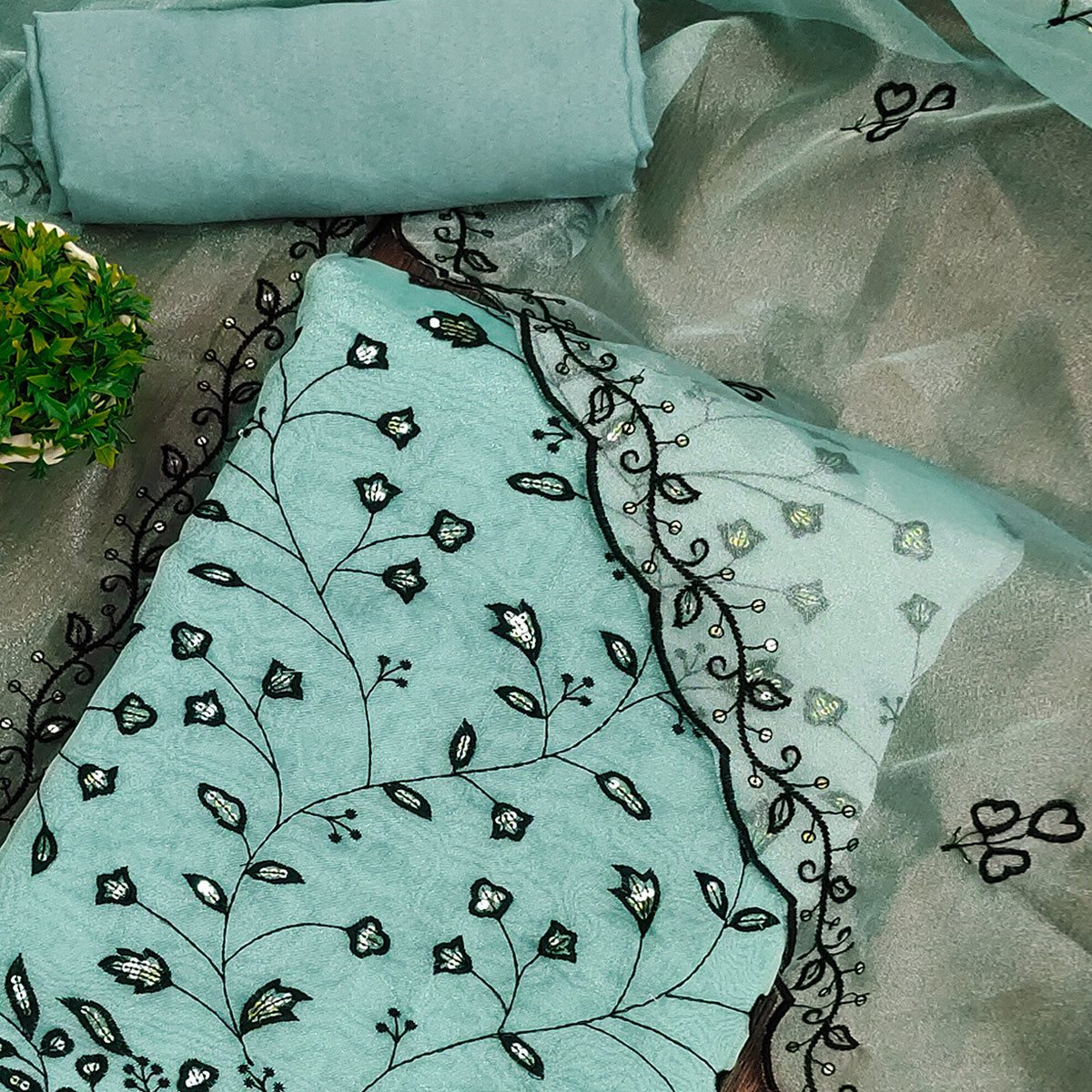 Blue Floral Sequins Embroidered Organza Dress Material