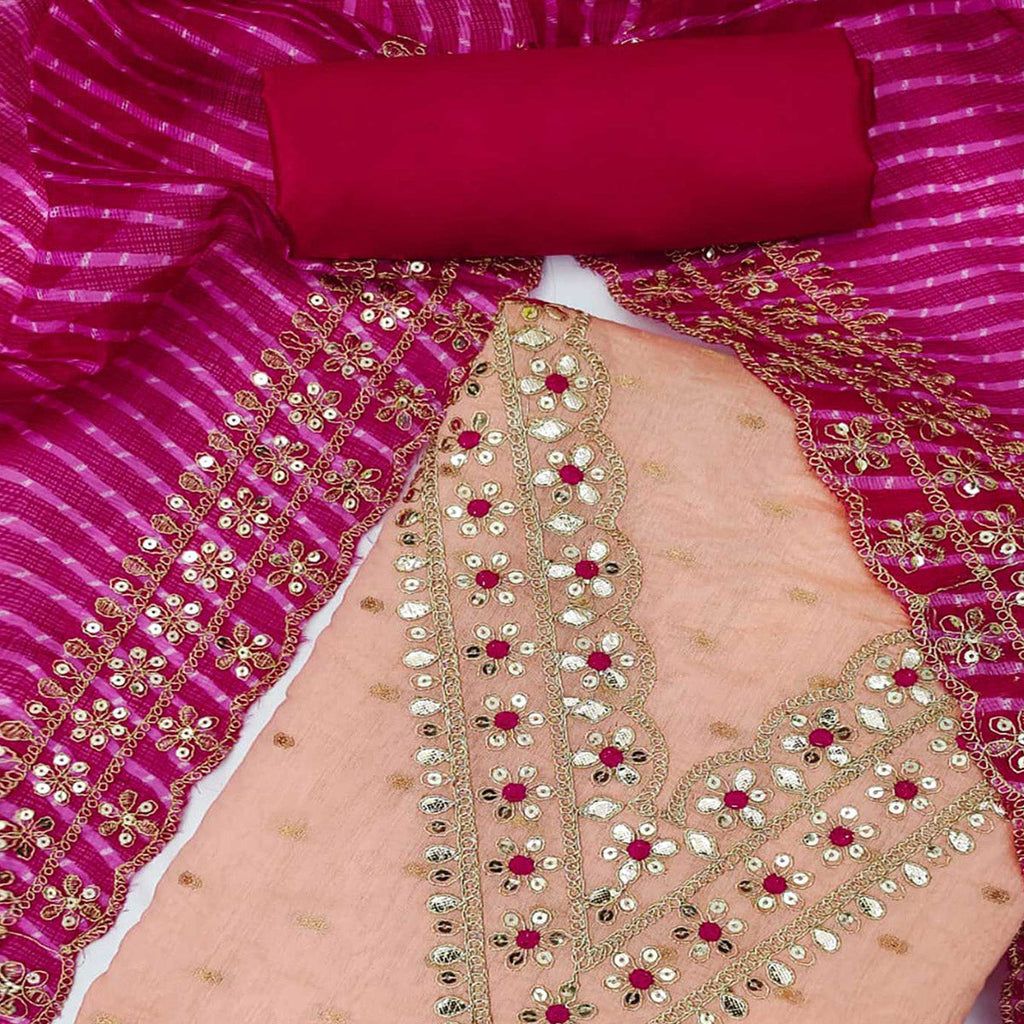Peach Woven With Sequins Embroidery Chanderi Dress Material
