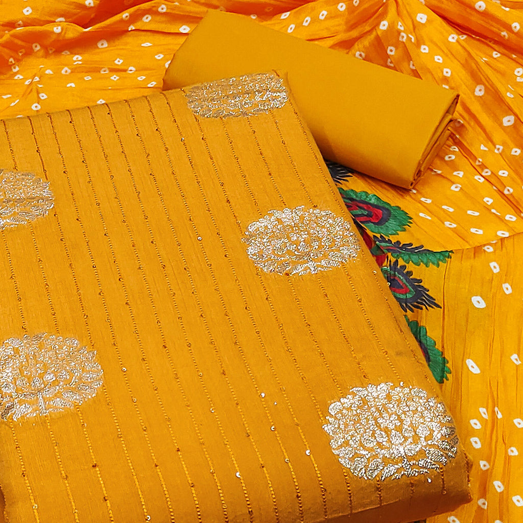 Mustard Sequins Embroidered With Woven Jacquard Dress Material