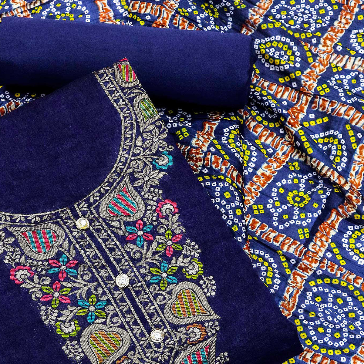 Blue Floral Woven Chanderi Jacquard Dress Material