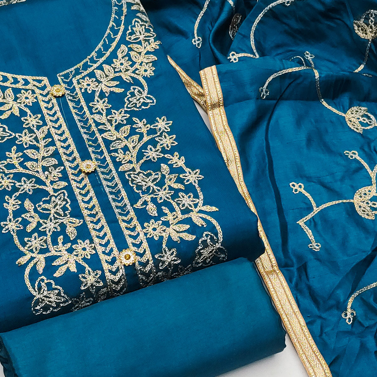 Blue Floral Embroidered Art Silk Dress Material