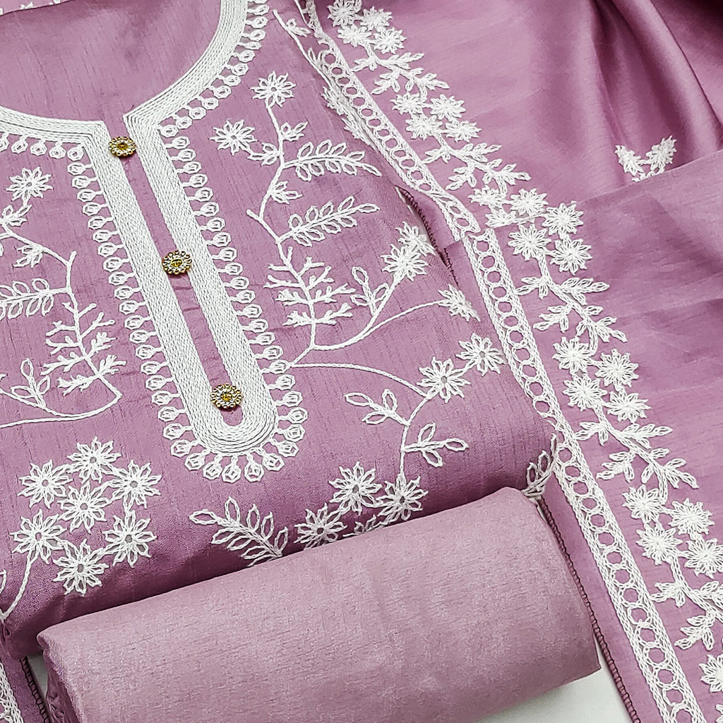 Onion Pink Floral Embroidered Art Silk Dress Material