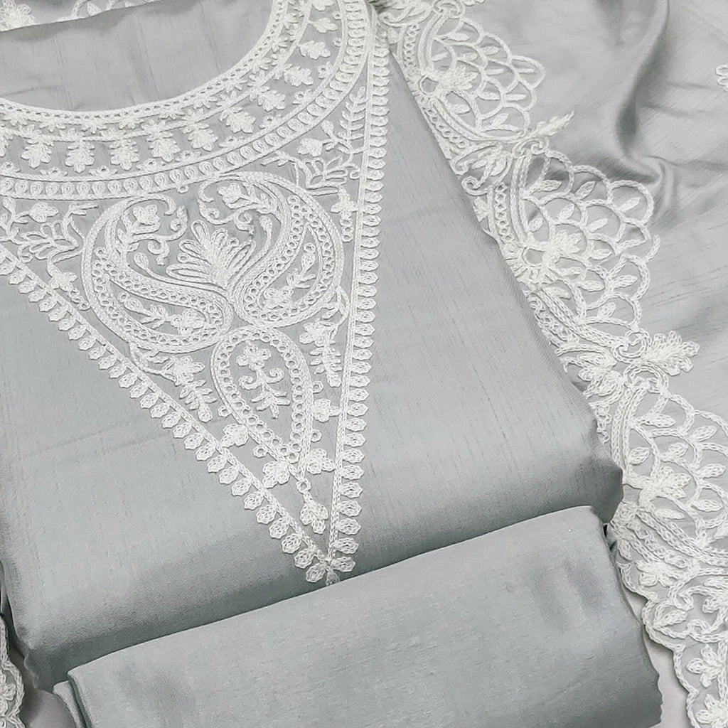 Grey Paisley Floral Embroidered Art Silk Dress Material
