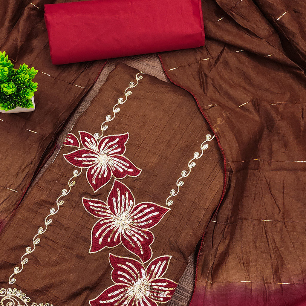 Brown Floral Sequins Embroidered Art Silk Dress Material