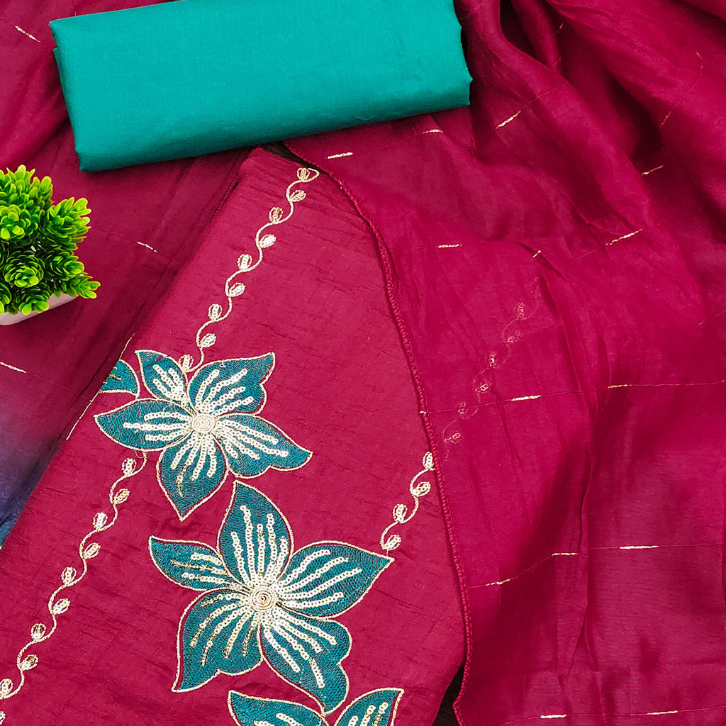 Pink Floral Sequins Embroidered Art Silk Dress Material