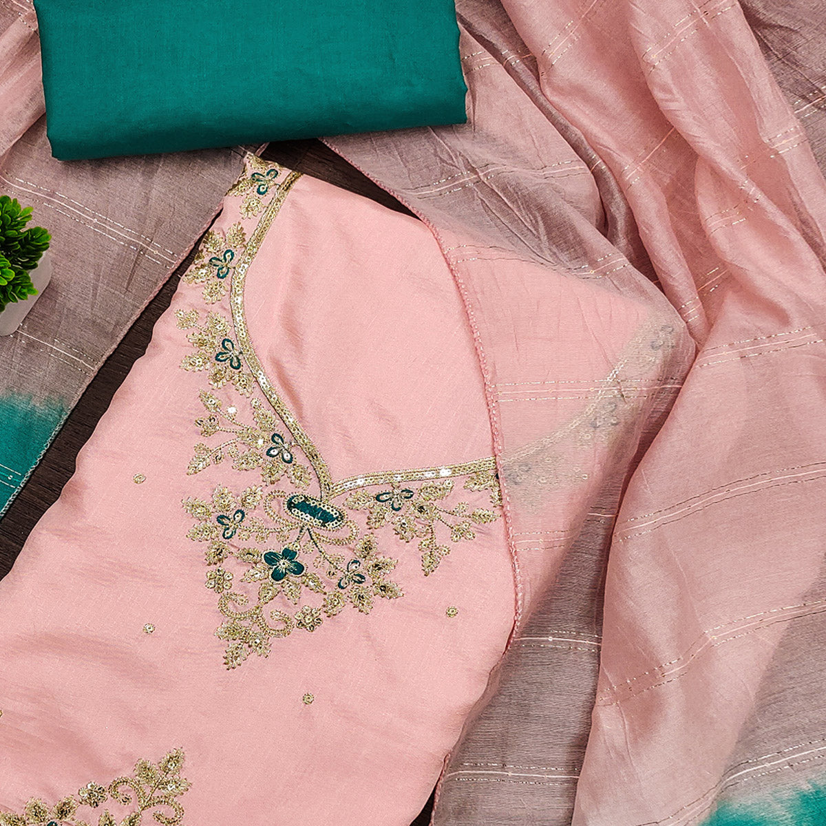 Peach Floral Sequins Embroidered Art Silk Dress Material