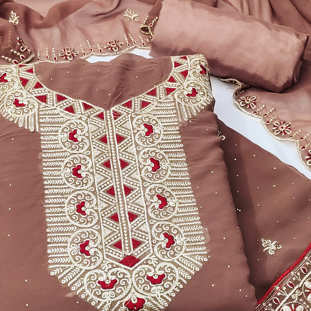 Brown Floral Embroidered With Stonework Georgette Dress Material