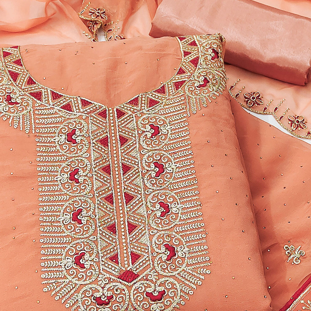 Peach Floral Embroidered With Stonework Georgette Dress Material