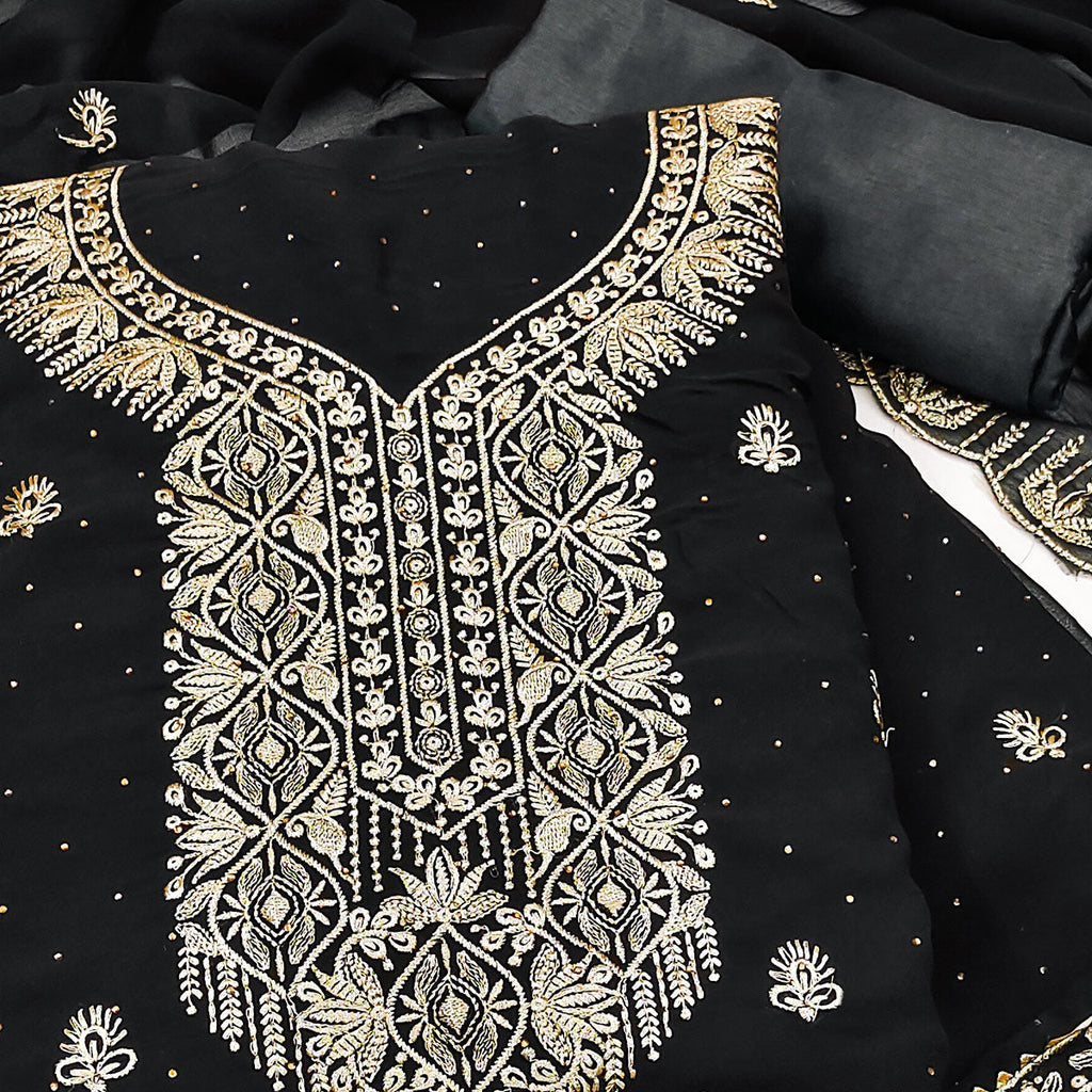 Black Floral Embroidered With Stonework Georgette Dress Material
