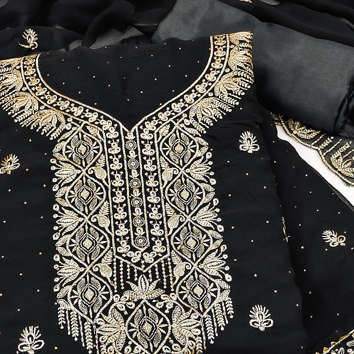 Black Floral Embroidered With Stonework Georgette Dress Material