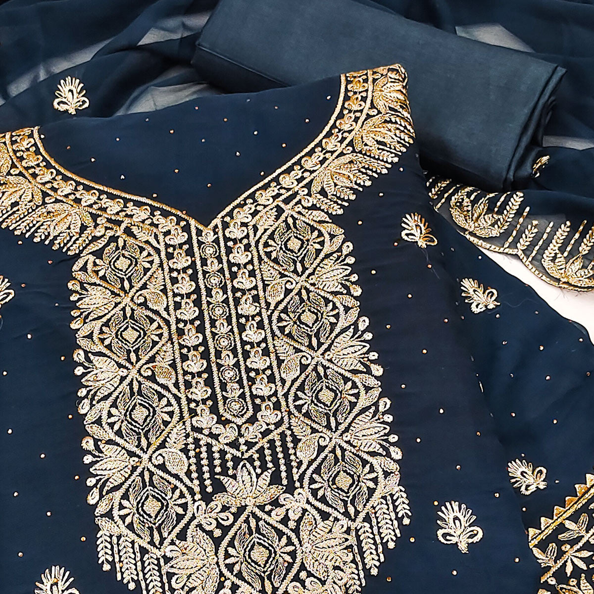 Blue Floral Embroidered With Stonework Georgette Dress Material