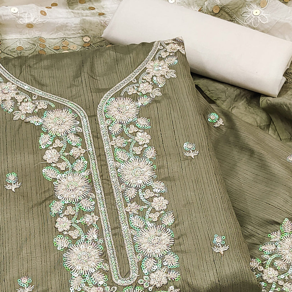 Green Floral Sequins Embroidered Art Silk Dress Material