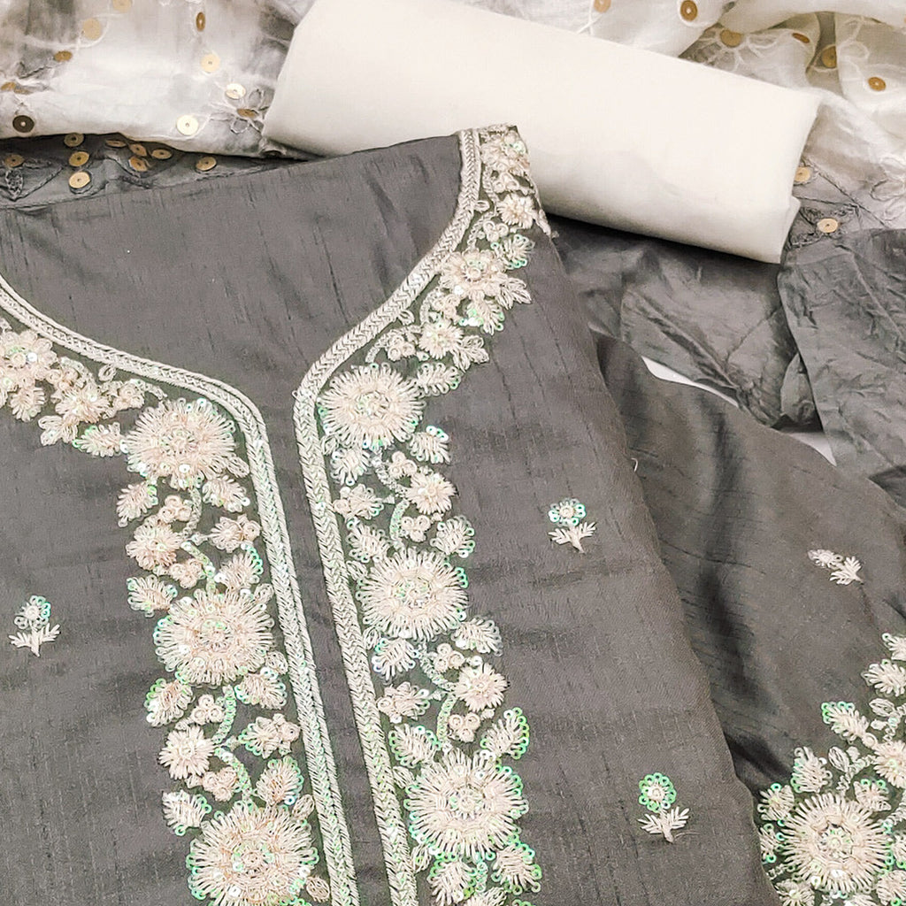 Grey Floral Sequins Embroidered Art Silk Dress Material
