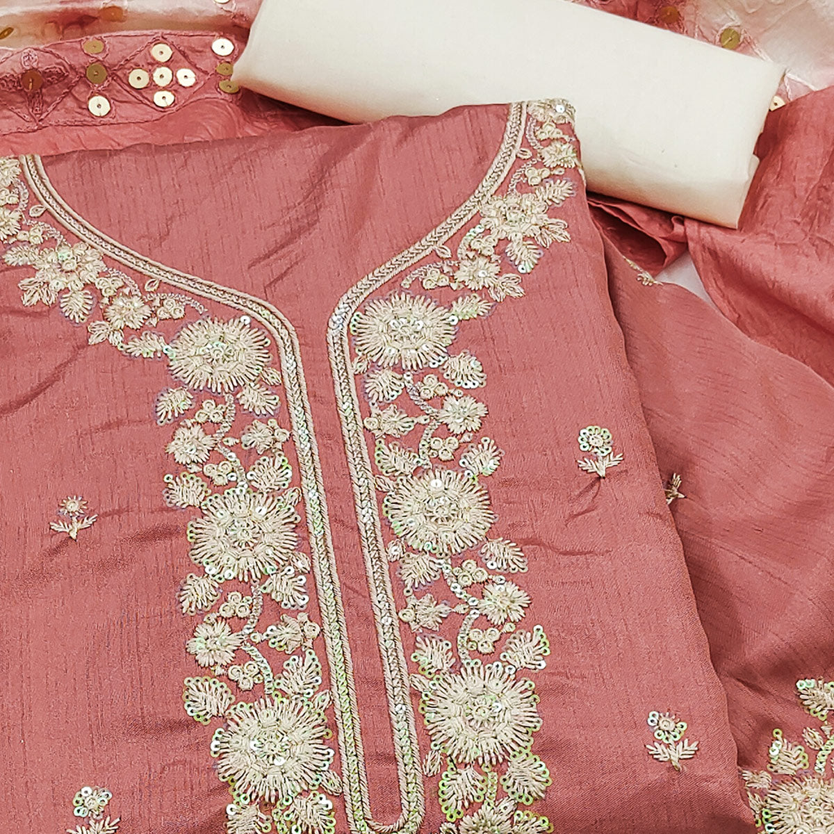 Peach Floral Sequins Embroidered Art Silk Dress Material