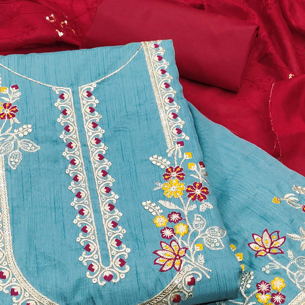 Blue Floral Sequins Embroidered Art Silk Dress Material