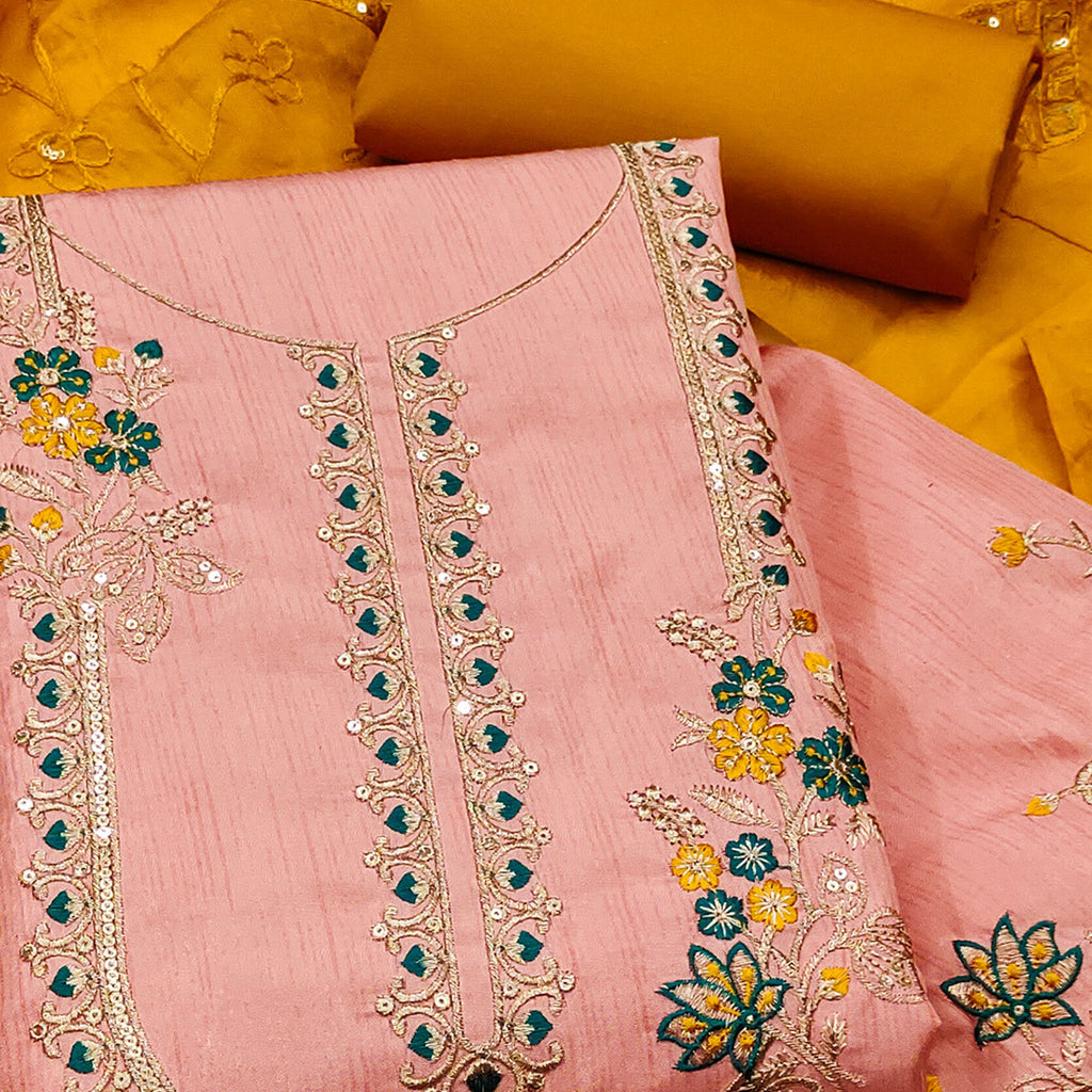 Peach Floral Sequins Embroidered Art Silk Dress Material