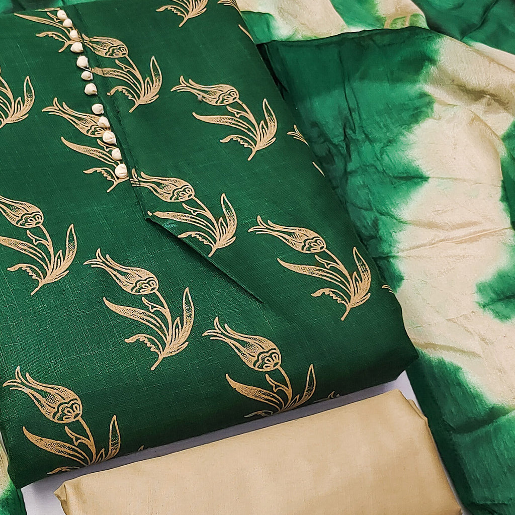 Green Floral Printed Slub Cotton Dress Material