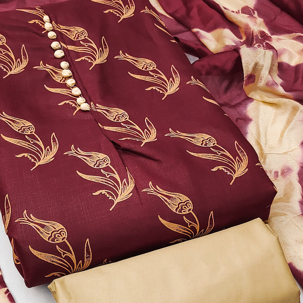 Maroon Floral Printed Slub Cotton Dress Material
