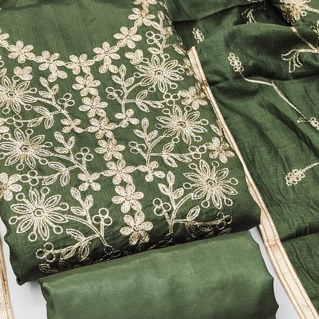 Green Floral Embroidered Art Silk Dress Material