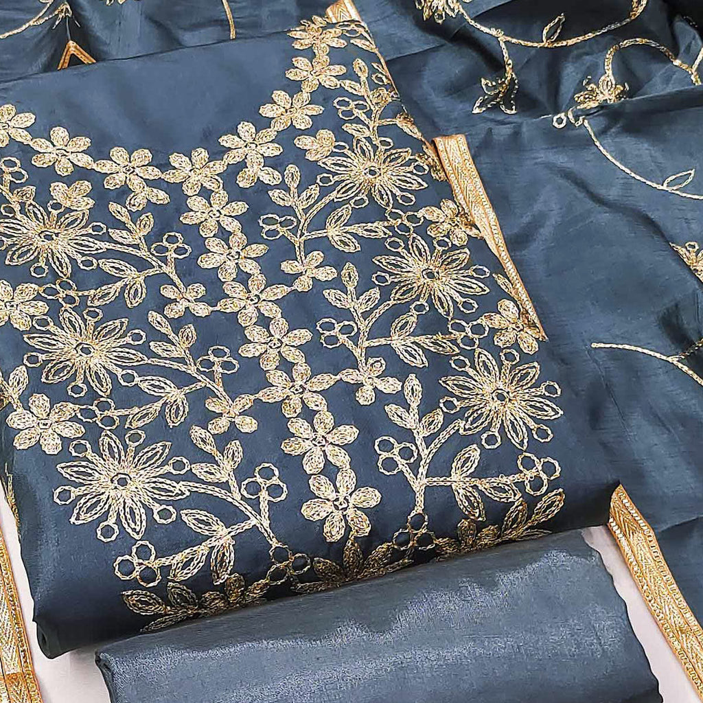 Grey Floral Embroidered Art Silk Dress Material