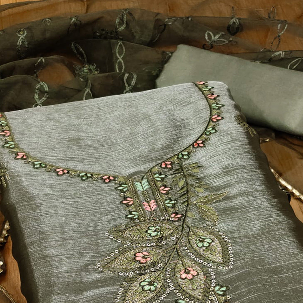 Green Floral Sequins Embroidered Banarasi Silk Dress Material