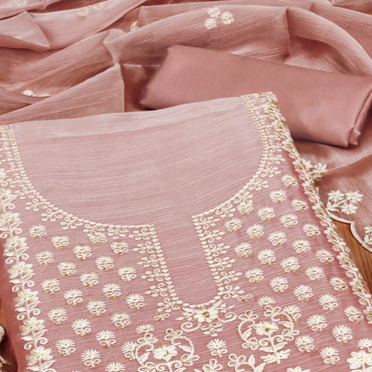 Dusty Rose Pink Floral Embroidered Burberry Zoya Silk Dress Material