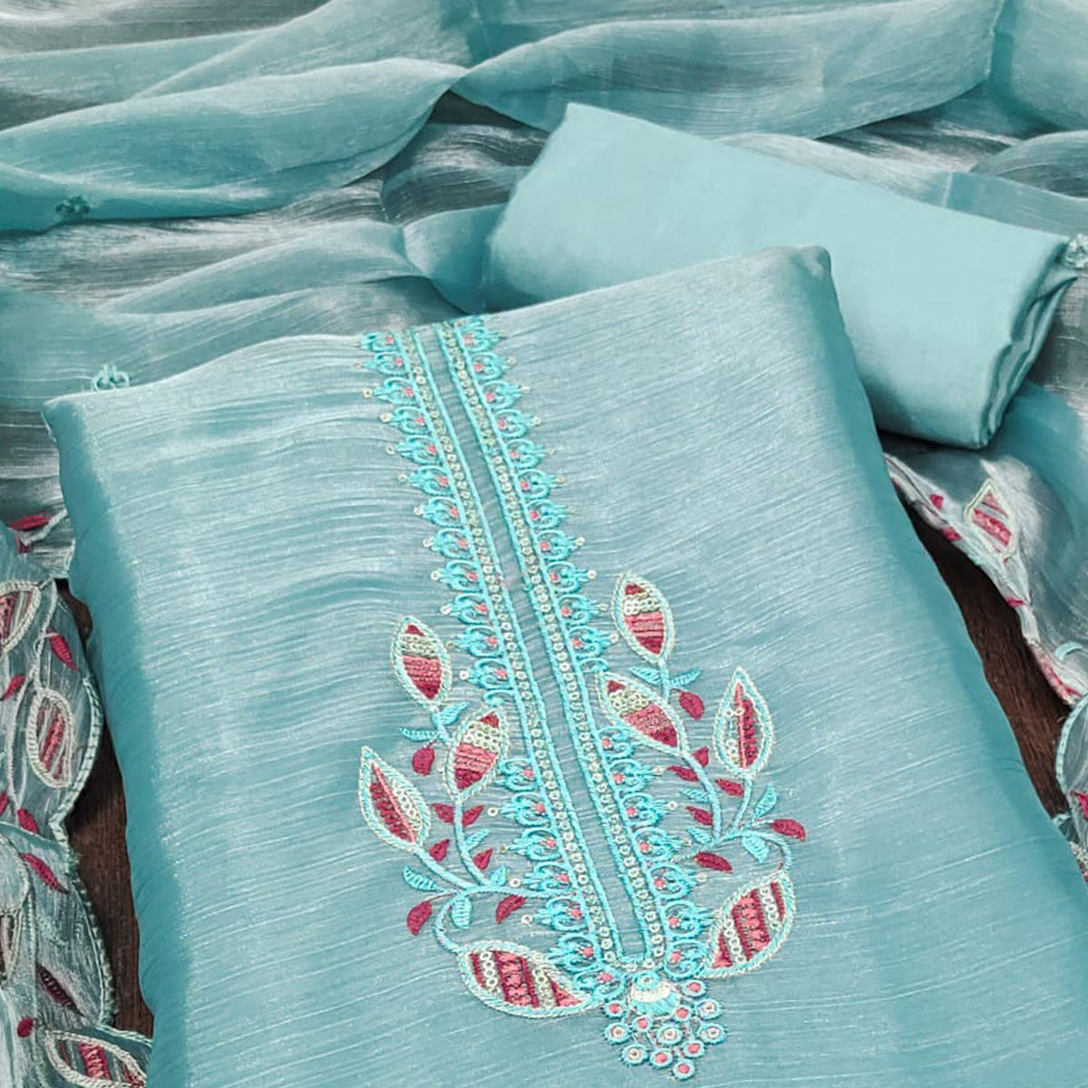 Blue Floral Sequins Embroidered Burberry Zoya Silk Dress Material