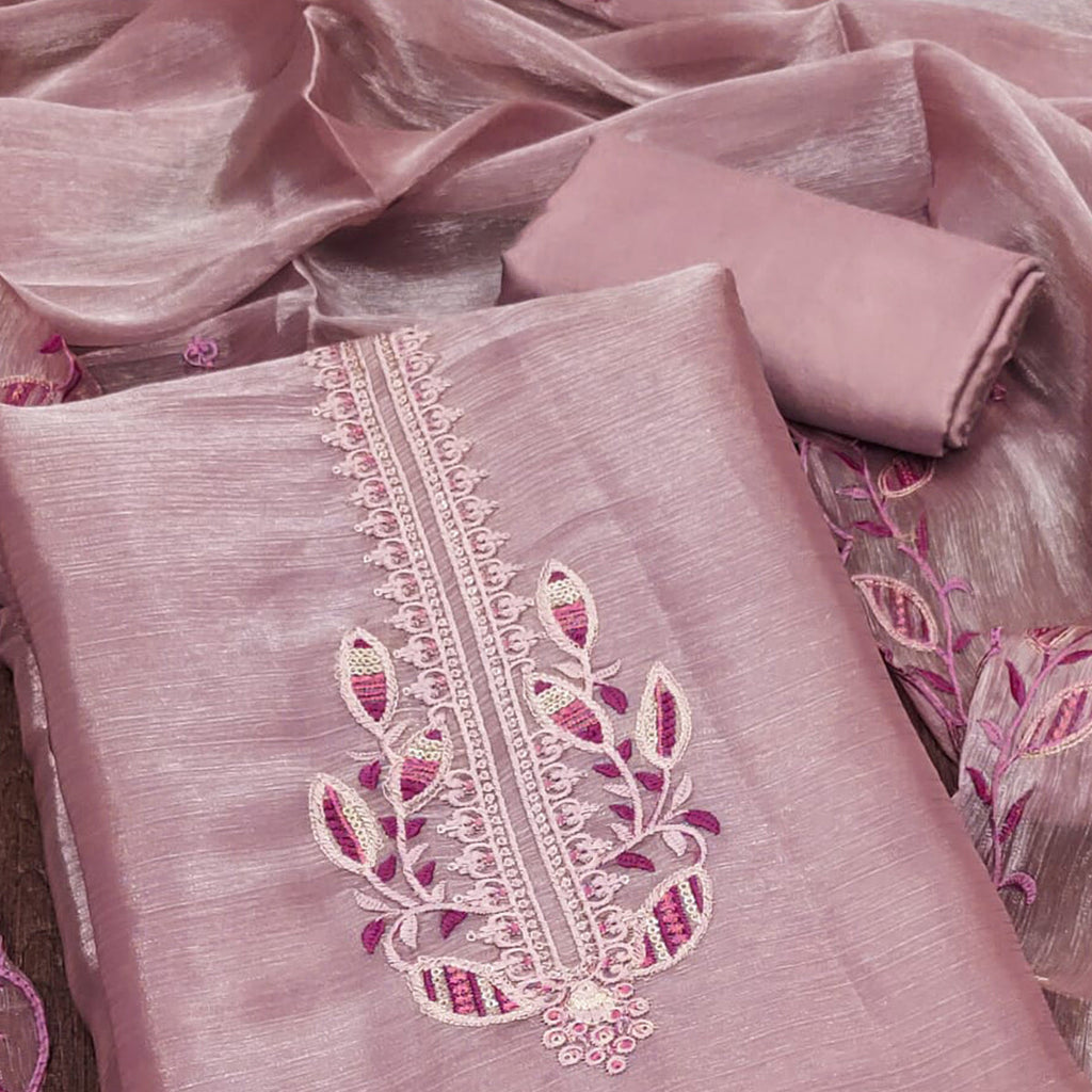 Onion Pink Floral Sequins Embroidered Burberry Zoya Silk Dress Material