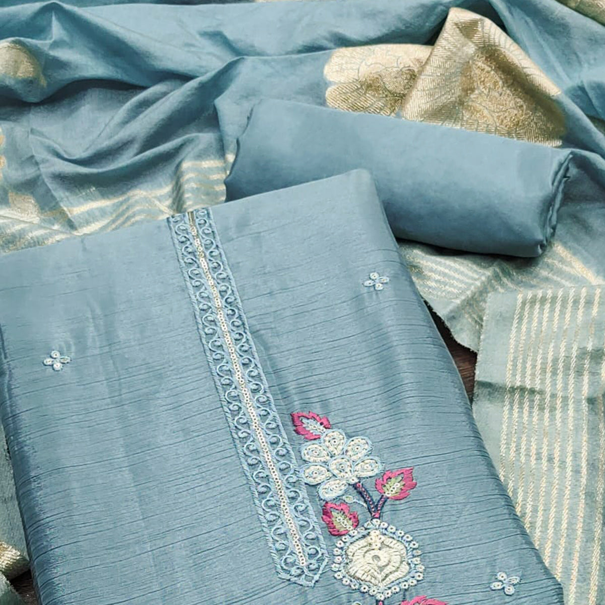 Blue Floral Embroidered Chinon Silk Dress Material