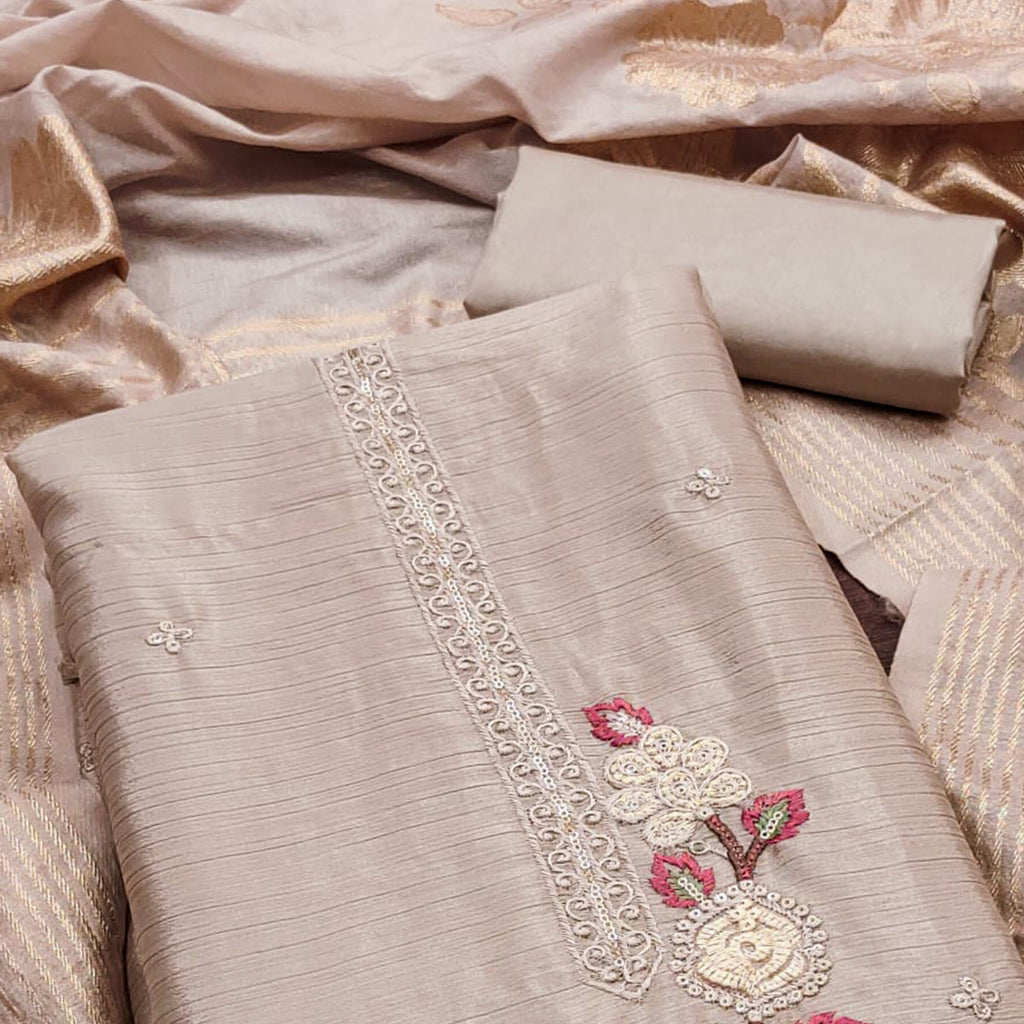 Chikoo Floral Embroidered Chinon Silk Dress Material