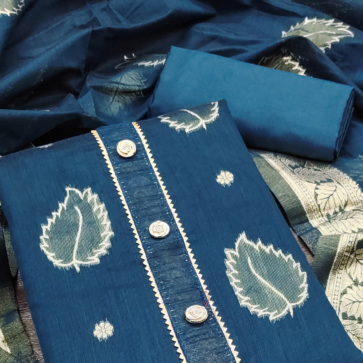 Blue Floral Woven Shimmer Jacquard Dress Material