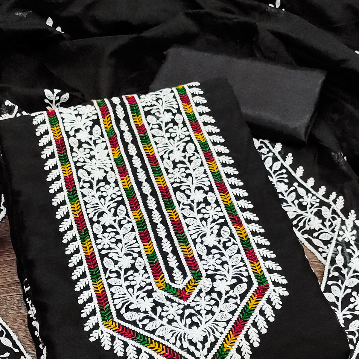 Black Floral Embroidered Modal Chanderi Silk Dress Material