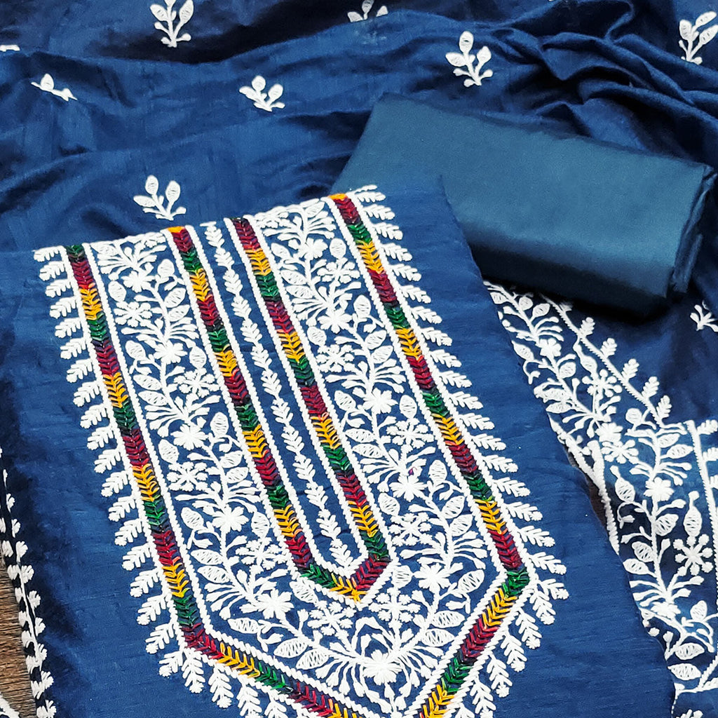 Blue Floral Embroidered Modal Chanderi Silk Dress Material