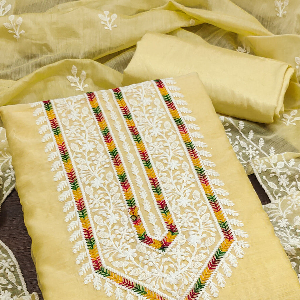 Light Yellow Floral Embroidered Modal Chanderi Silk Dress Material