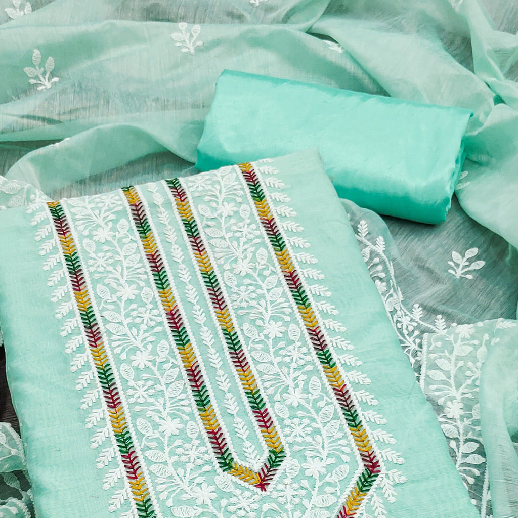 Light Turquoise Floral Embroidered Modal Chanderi Silk Dress Material