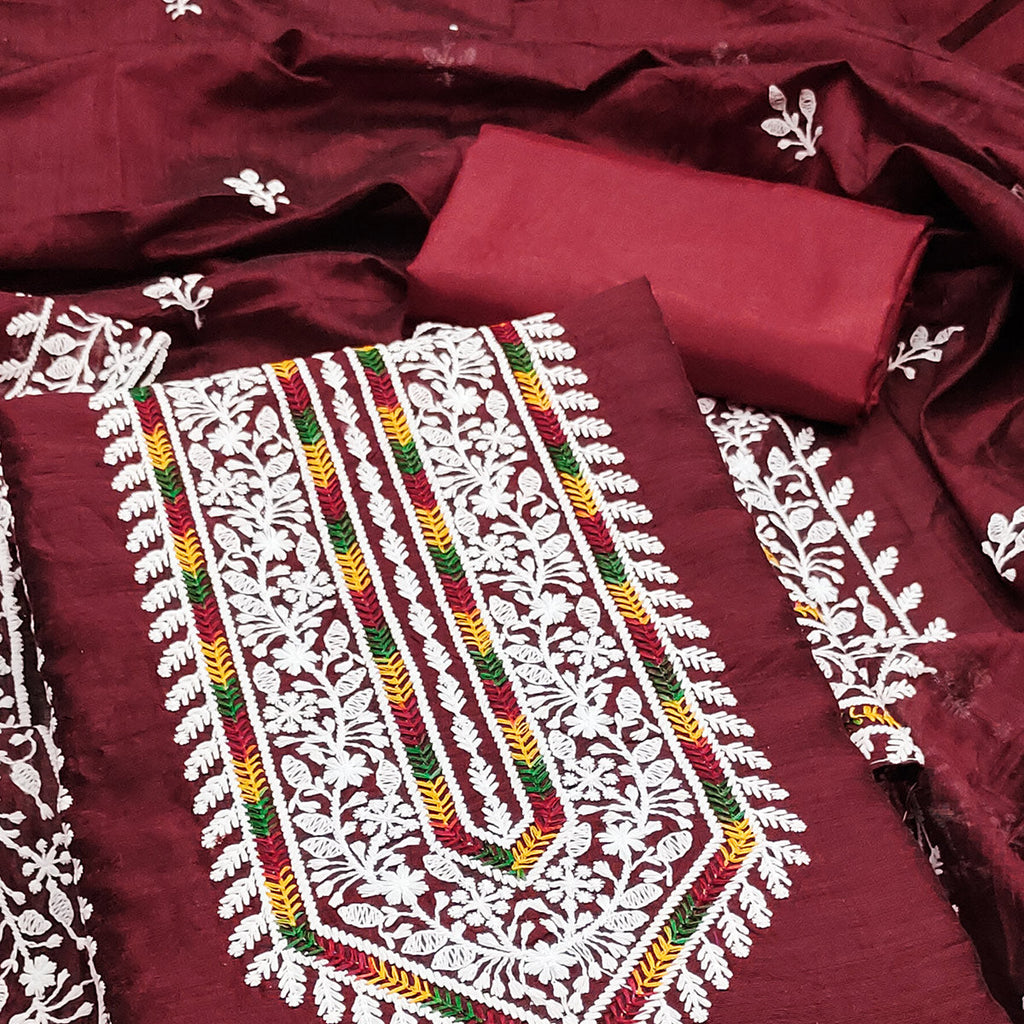 Maroon Floral Embroidered Modal Chanderi Silk Dress Material