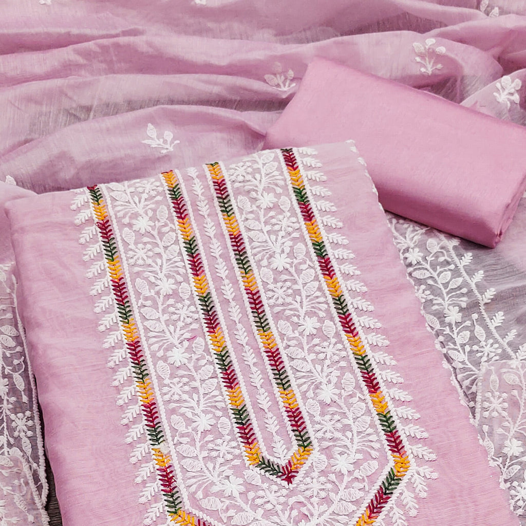 Pink Floral Embroidered Modal Chanderi Silk Dress Material